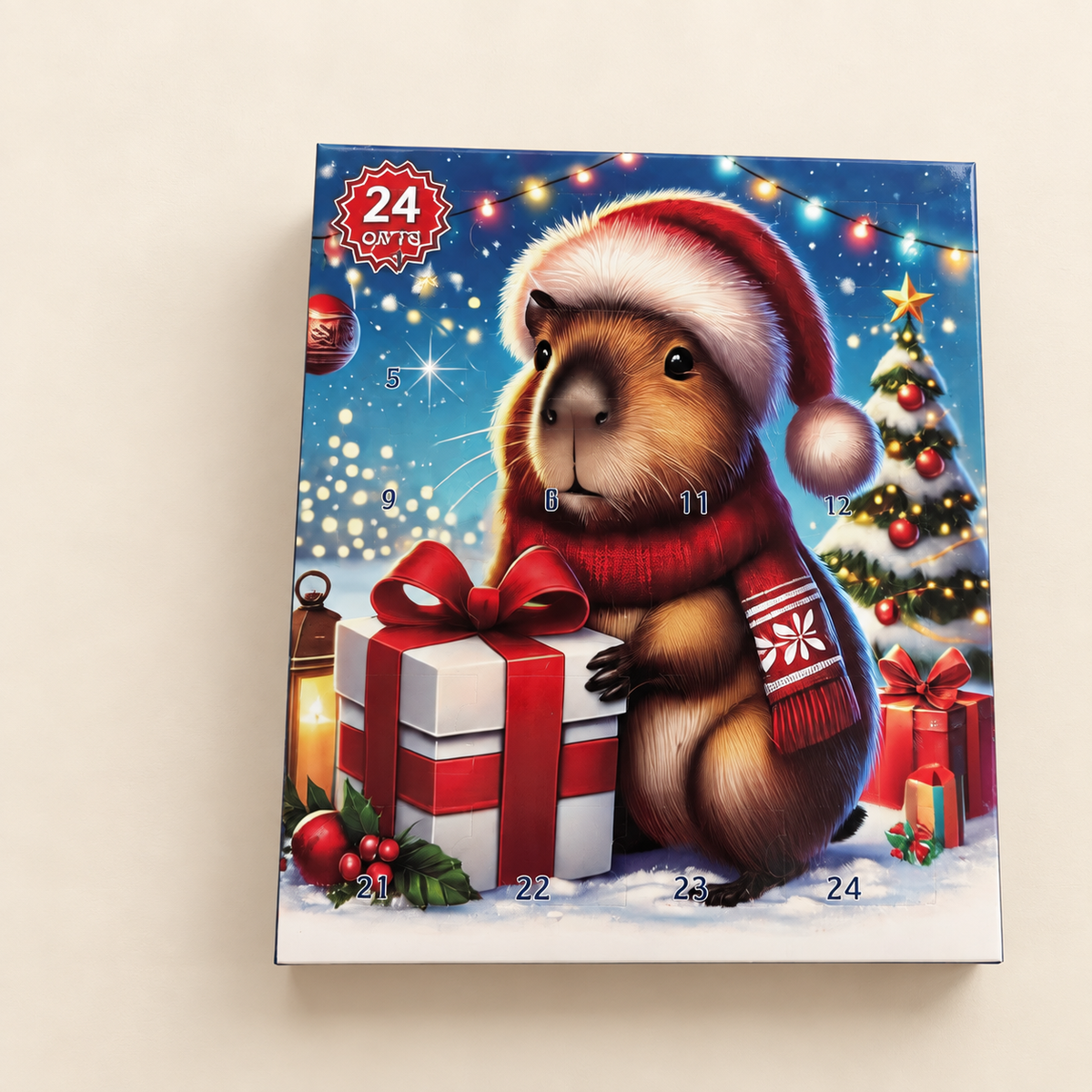 Closed capybara Christmas advent calendar on a cream background