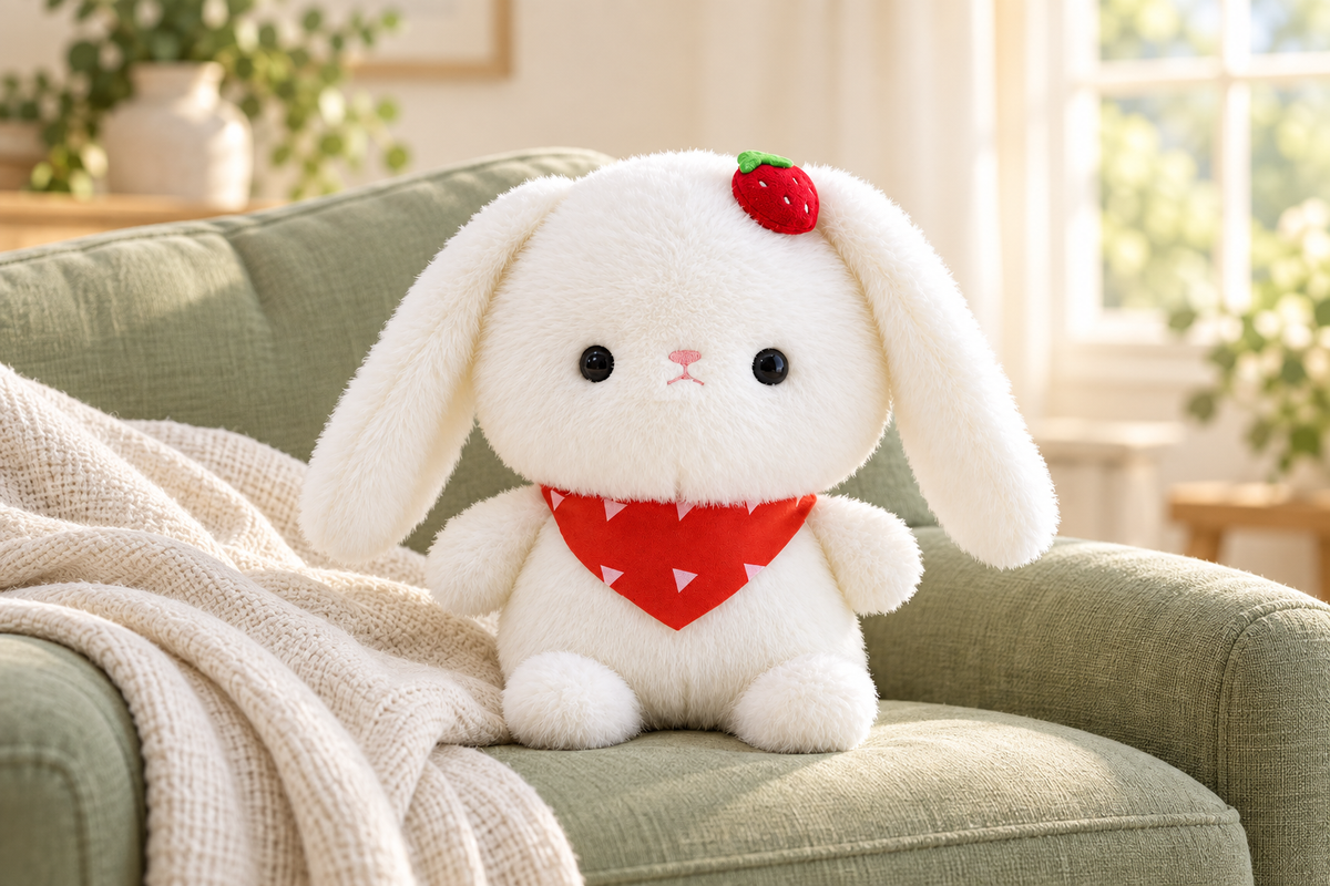 White strawberry scarf rabbit sitting on a soft sage-green armchair